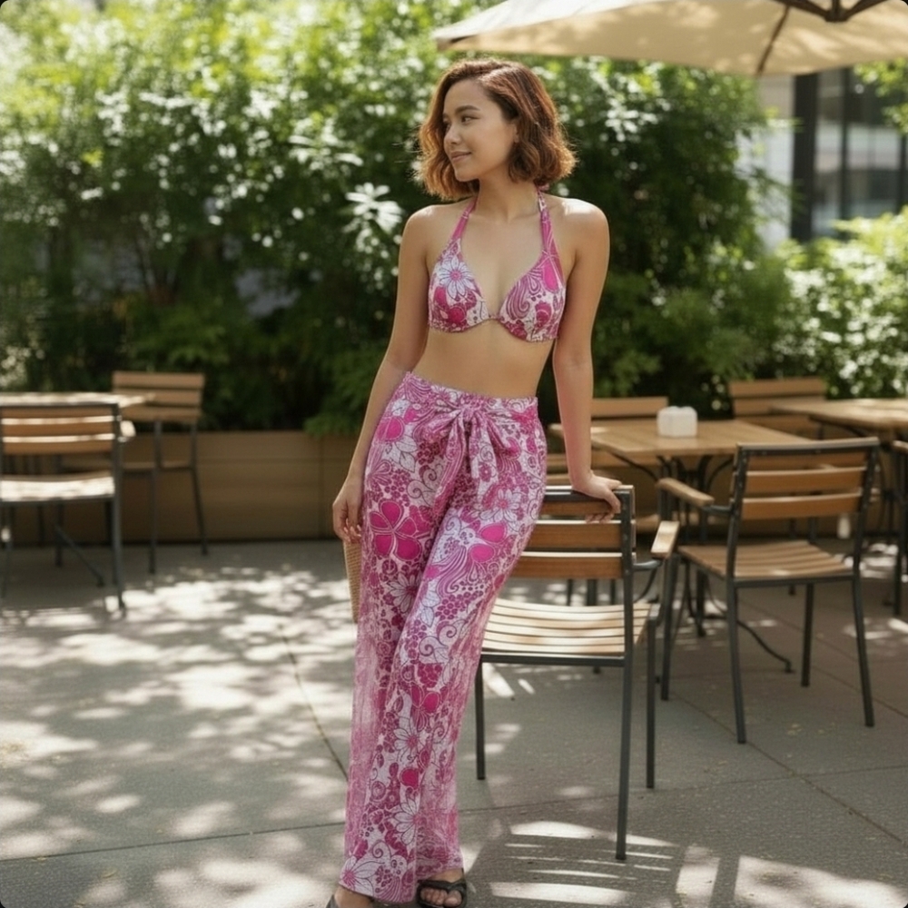 Y2K Victoria Secret Bikini Top‎ Pink Floral Underwire Halter Sarong Pants 36C M